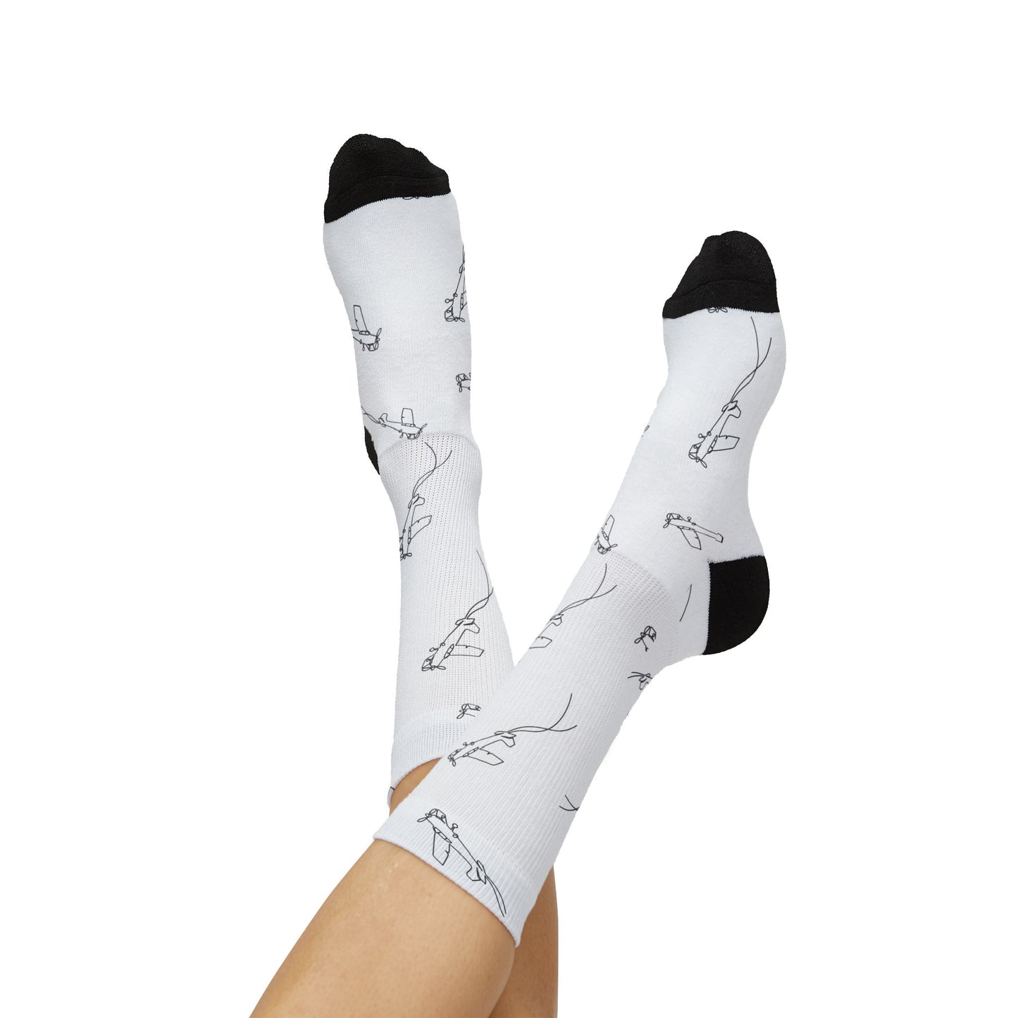 Minimalist White Sublimation Socks with Hand-Drawn Plane Pattern