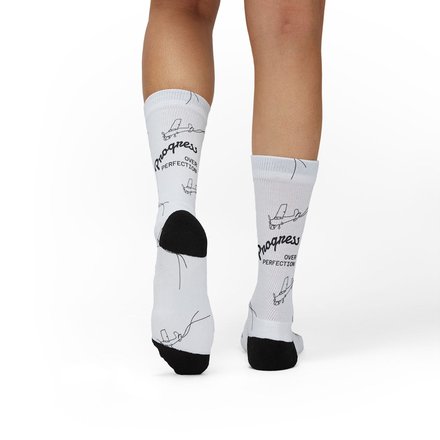 Minimalist White Sublimation Socks with Hand-Drawn Plane Pattern