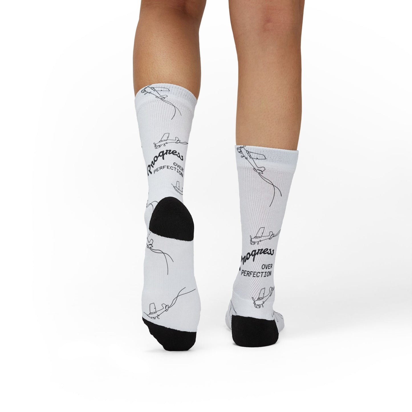 Minimalist White Sublimation Socks with Hand-Drawn Plane Pattern